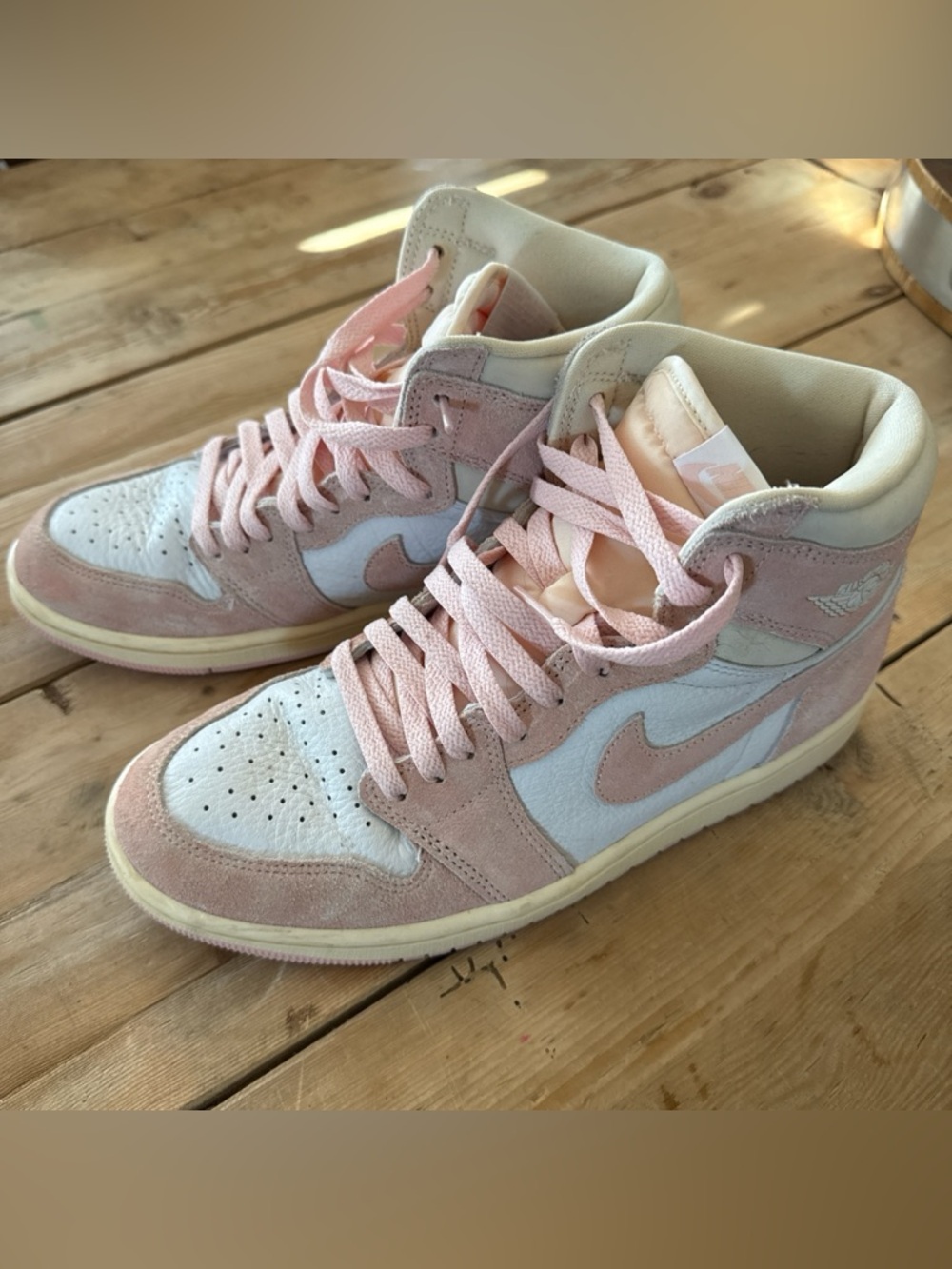 Women’s Pink and White Jordan 1 High-Top Sneakers size 9.5